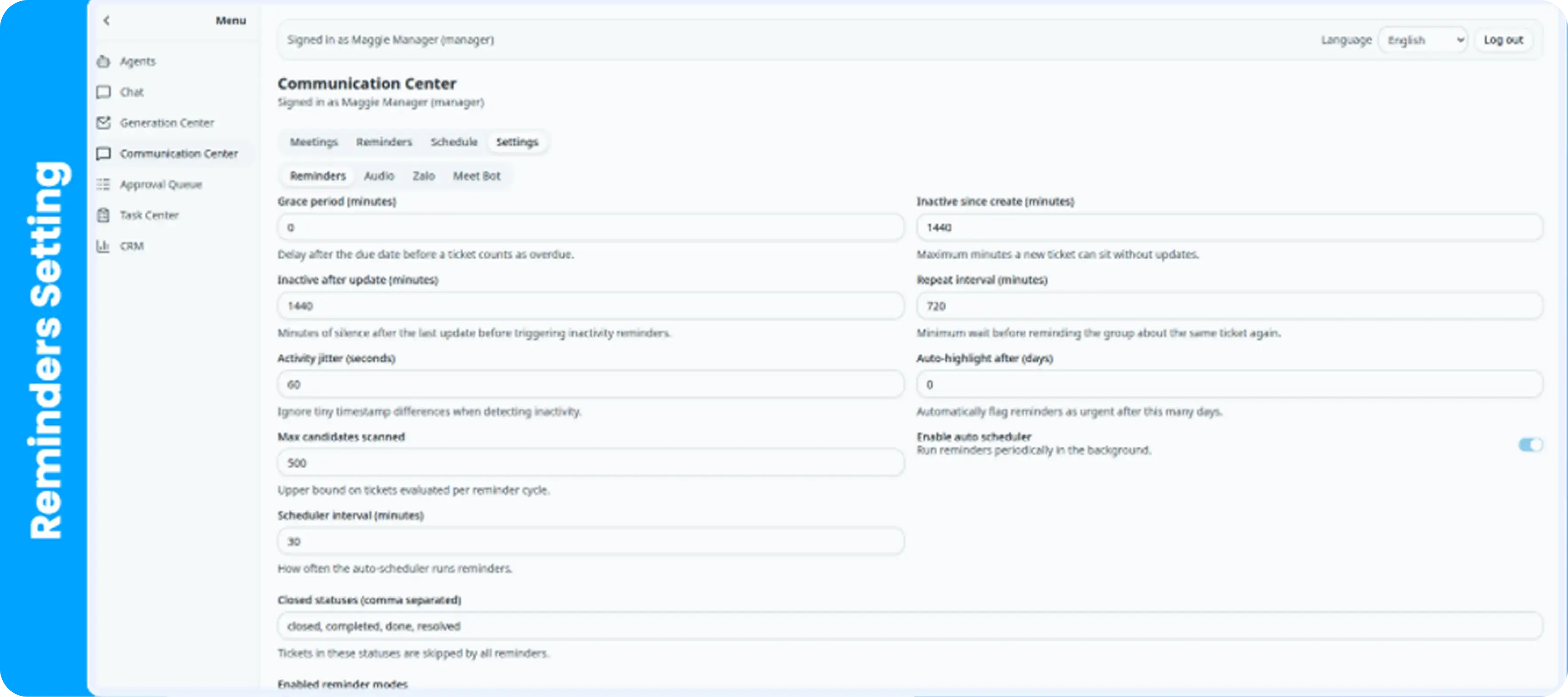 The Settings module configures the automated reminder and scheduling system